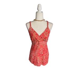 Nomadic Traders Y2K Tropical Floral Babydoll Tank Top Medium Coral Boho Resort